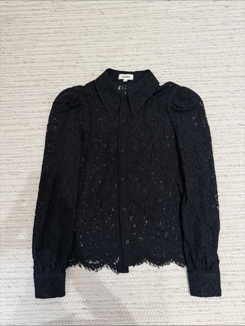 L’AGENCE Black Lace Puff-Sleeve Button-Up Blouse